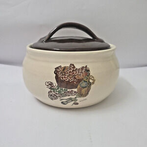 Vintage Farmhouse Bean Pot W Cover Pottery WENDY WHEELER Large Cottagecore